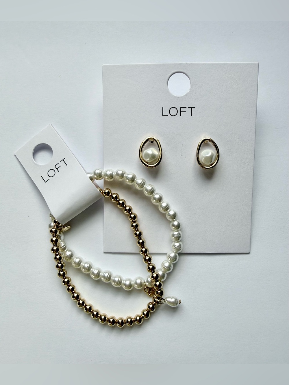 NWT LOFT Set - Pearl & Gold Beaded Bracelets and Pearl Earrings